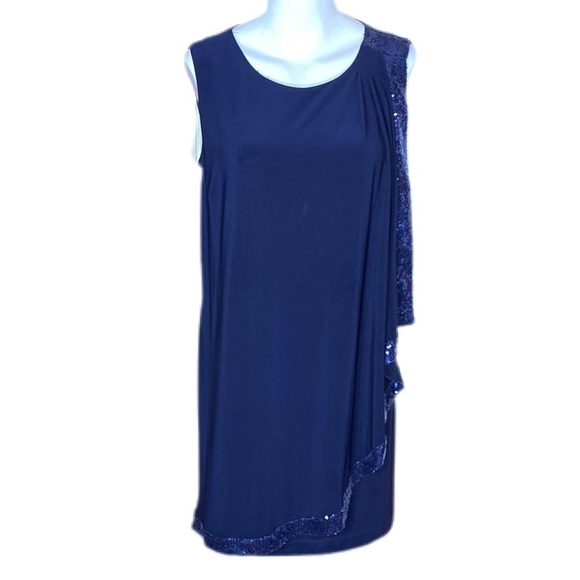 Betsy & Adam Little Blue Dress with Overlay Lined with Sequins Size 10 - Picture 3 of 7